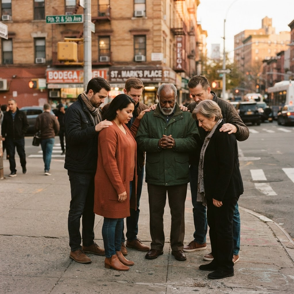 A small group praying together on a city street corner